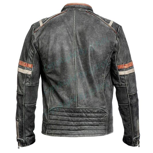 LJM016 Men’s Retro 2 Vintage Black Café Racer Distressed Motorcycle Real Leather Jacket