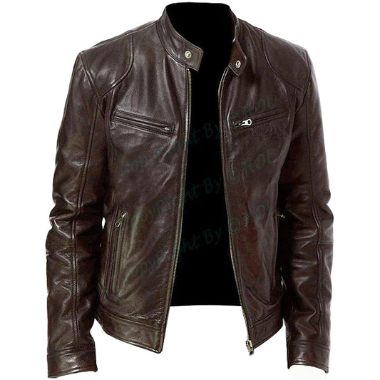 LJM017 Men’s Vintage Brown Café Racer Retro Biker Real Leather Jacket – Stylish Distressed Cowhide