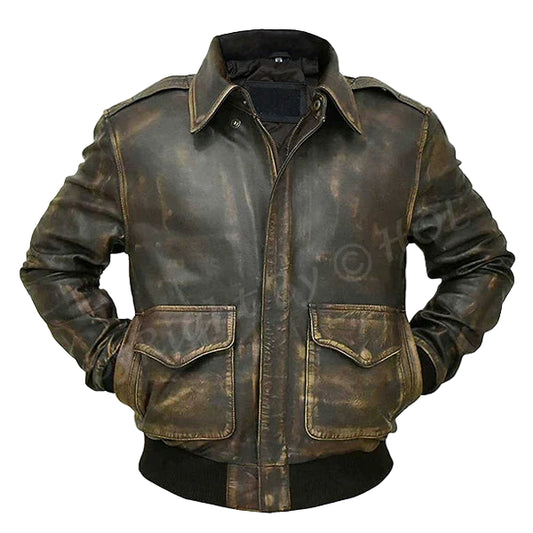 LJM019 Men’s Brown Aviator Distress A-2 Bomber Flight Real Leather Jacket – Vintage Pilot Style