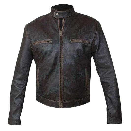 LJM020 Men’s Contraband Slim Fit Distressed Real Cowhide Leather Biker Jacket – Mark Wahlberg Inspired