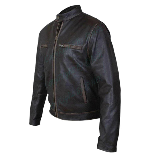 LJM020 Men’s Contraband Slim Fit Distressed Real Cowhide Leather Biker Jacket – Mark Wahlberg Inspired