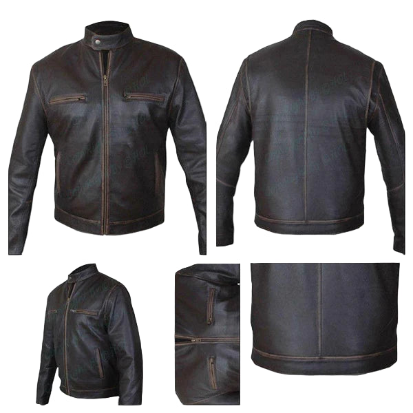 LJM020 Men’s Contraband Slim Fit Distressed Real Cowhide Leather Biker Jacket – Mark Wahlberg Inspired