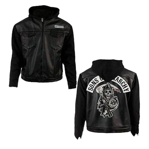 LJM021 Men’s SOA Hoodie Style Black Real Leather Biker Jacket | Sons of Anarchy Inspired