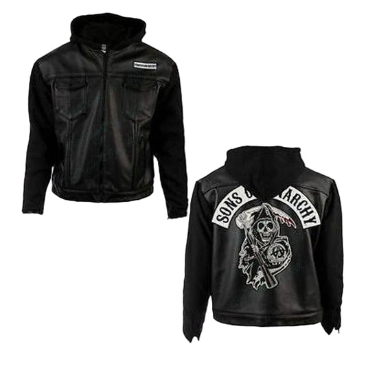 LJM021 Men’s SOA Hoodie Style Black Real Leather Biker Jacket | Sons of Anarchy Inspired