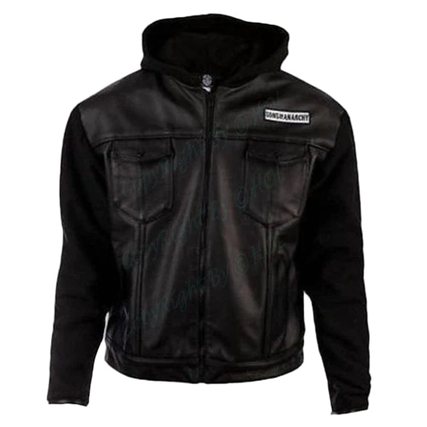LJM021 Men’s SOA Hoodie Style Black Real Leather Biker Jacket | Sons of Anarchy Inspired