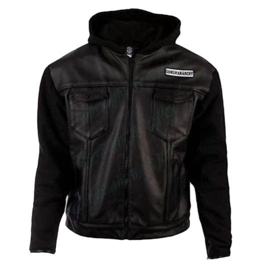 LJM021 Men’s SOA Hoodie Style Black Real Leather Biker Jacket | Sons of Anarchy Inspired
