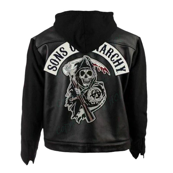 LJM021 Men’s SOA Hoodie Style Black Real Leather Biker Jacket | Sons of Anarchy Inspired