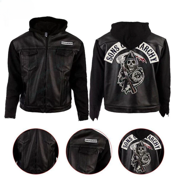 LJM021 Men’s SOA Hoodie Style Black Real Leather Biker Jacket | Sons of Anarchy Inspired