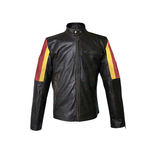 FJLM004 Men’s German Flag Brown Real Cowhide Leather Biker Jacket – Patriotic Sleeve Design