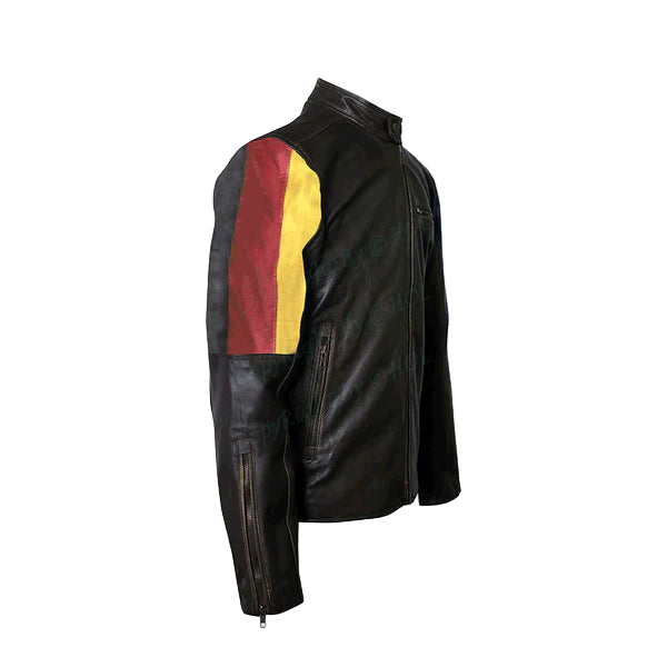 FJLM004 Men’s German Flag Brown Real Cowhide Leather Biker Jacket – Patriotic Sleeve Design
