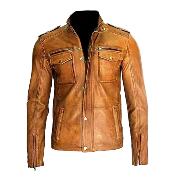 LJM024 Men’s Motorcycle Real Leather Tan Brown Distressed Biker Jacket – M025 Vintage Moto Style