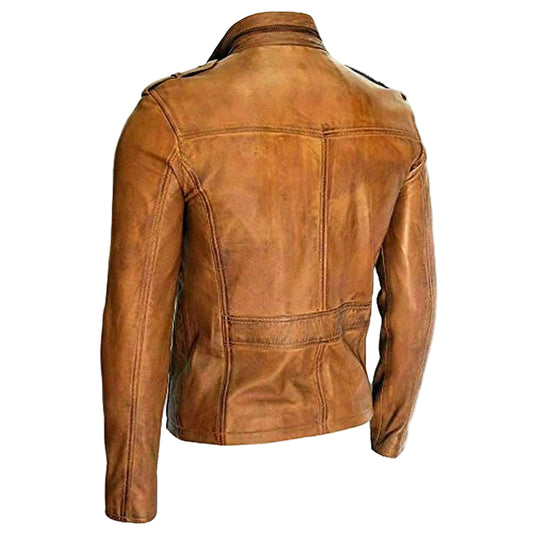 LJM024 Men’s Motorcycle Real Leather Tan Brown Distressed Biker Jacket – M025 Vintage Moto Style