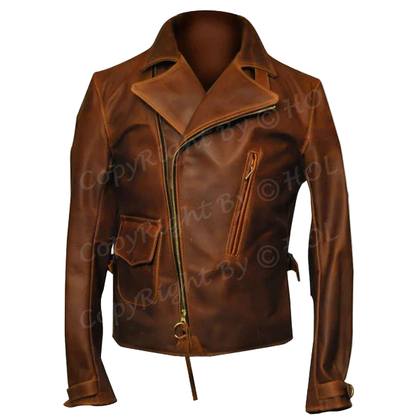 LJM028 Men’s Captain America “The First Avengers” Distressed Brown Real Leather Biker Jacket