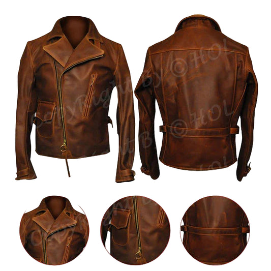 LJM028 Men’s Captain America “The First Avengers” Distressed Brown Real Leather Biker Jacket