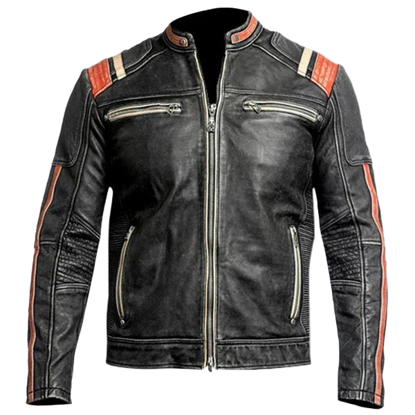 LJM029 Men’s Café Racer Retro 3 Vintage Distressed Black Real Leather Biker Jacket