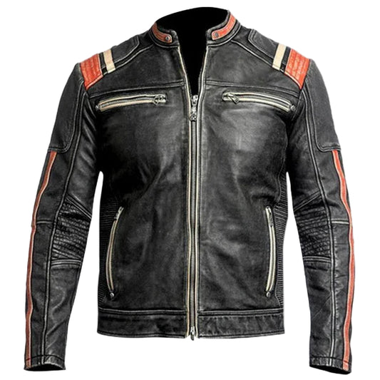 LJM029 Men’s Café Racer Retro 3 Vintage Distressed Black Real Leather Biker Jacket