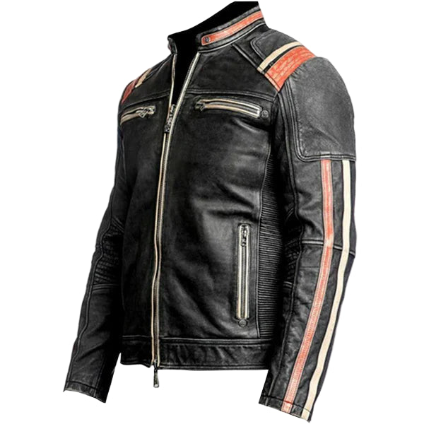 LJM029 Men’s Café Racer Retro 3 Vintage Distressed Black Real Leather Biker Jacket