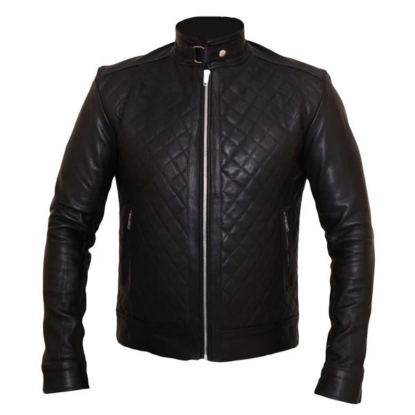 LJM034 Men’s Quilted Black Café Racer Real Leather Biker Jacket–Premium Motorcycle Style