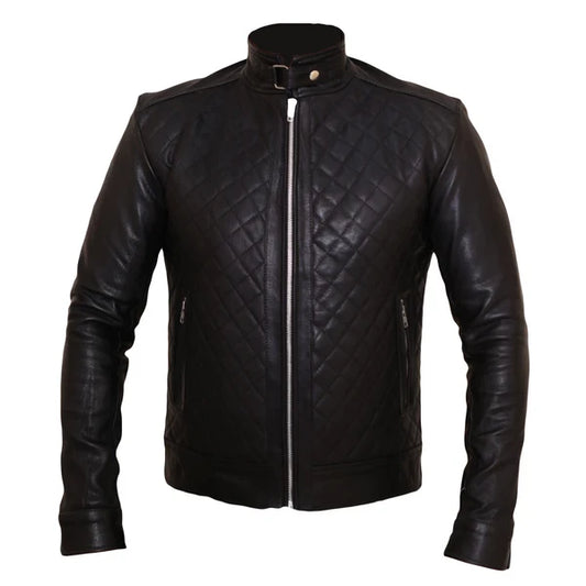 LJM034 Men’s Quilted Black Café Racer Real Leather Biker Jacket–Premium Motorcycle Style