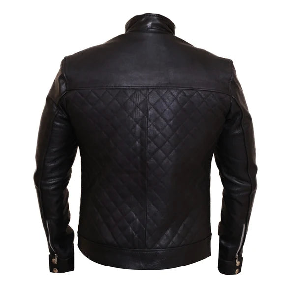 LJM034 Men’s Quilted Black Café Racer Real Leather Biker Jacket–Premium Motorcycle Style