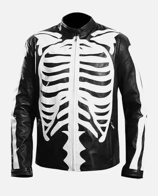 LJM0035 Men’s Spooky Skeleton Bones Cosplay Black Real Leather Jacket – Special Edition Coat