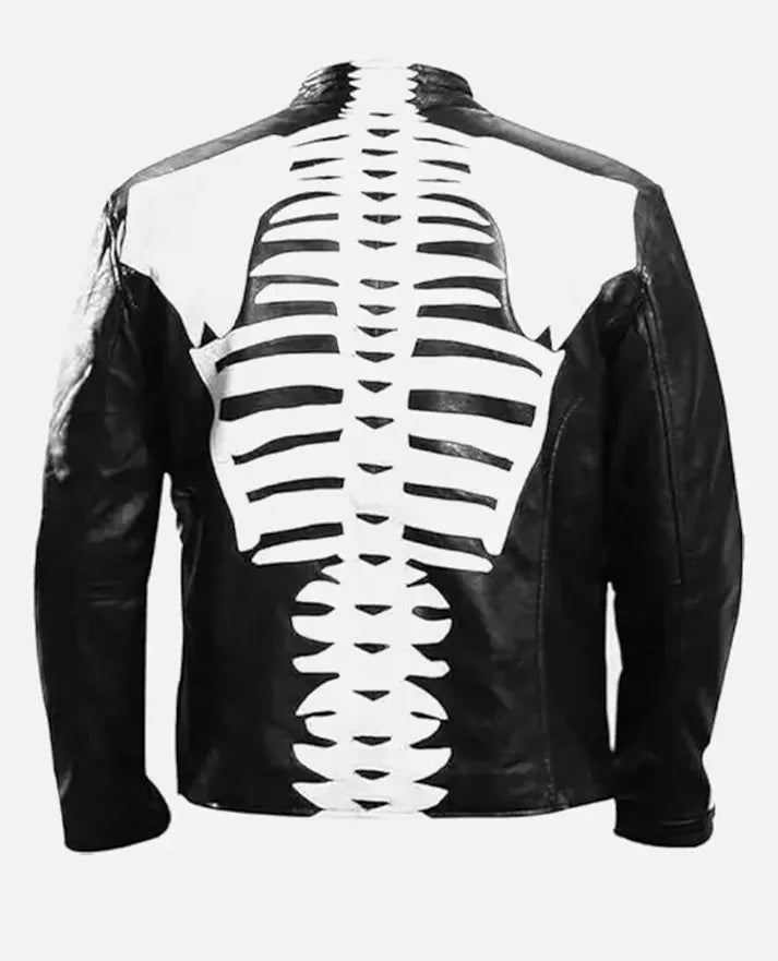 LJM0035 Men’s Spooky Skeleton Bones Cosplay Black Real Leather Jacket – Special Edition Coat