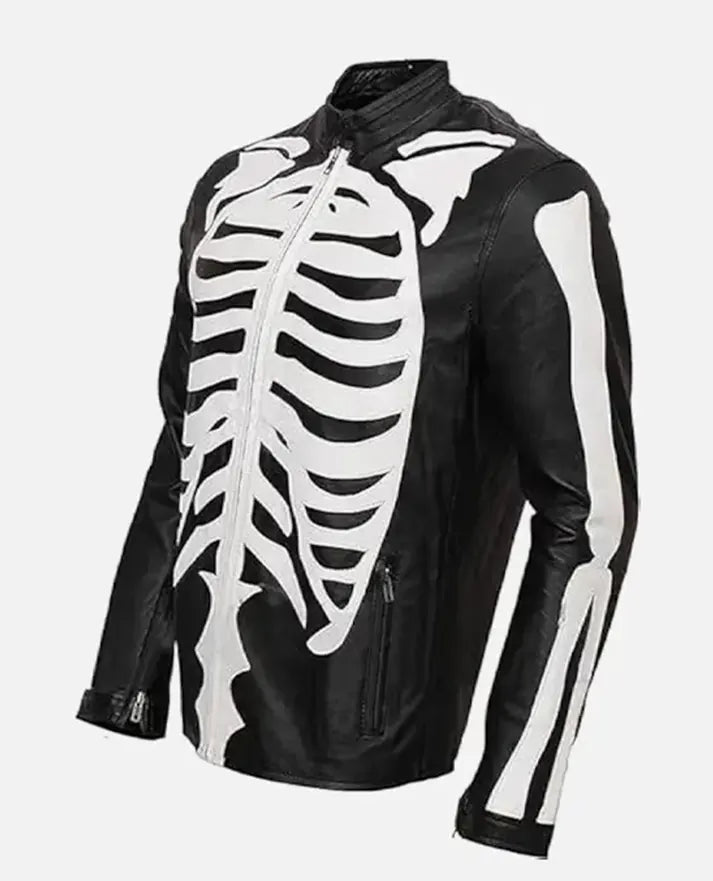 LJM0035 Men’s Spooky Skeleton Bones Cosplay Black Real Leather Jacket – Special Edition Coat