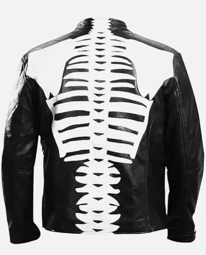LJM0035 Men’s Spooky Skeleton Bones Cosplay Black Real Leather Jacket – Special Edition Coat