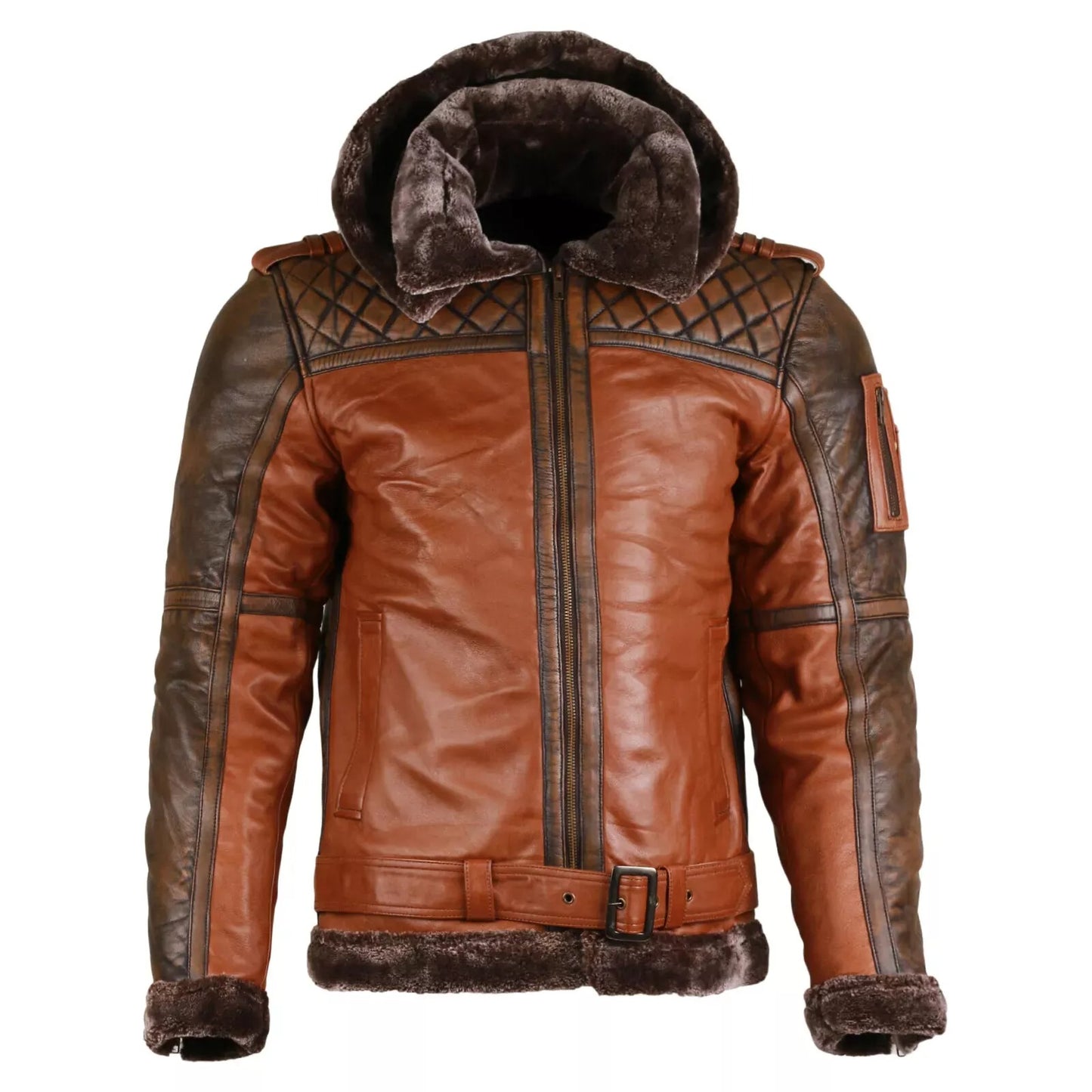 FJM0025 Men's Distressed Coffee Brown Fur Leather Biker Jacket – Vintage Slim Fit Moto Style Coat