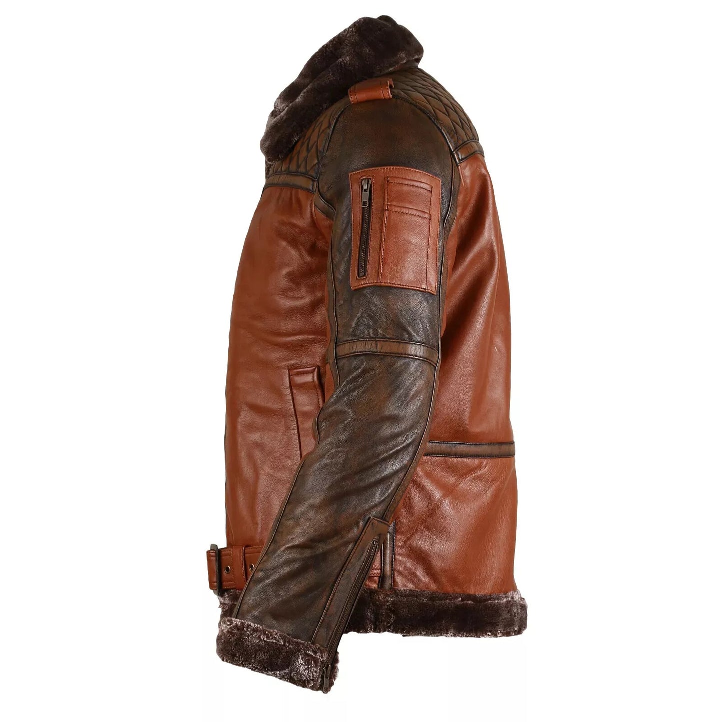 FJM0025 Men's Distressed Coffee Brown Fur Leather Biker Jacket – Vintage Slim Fit Moto Style Coat