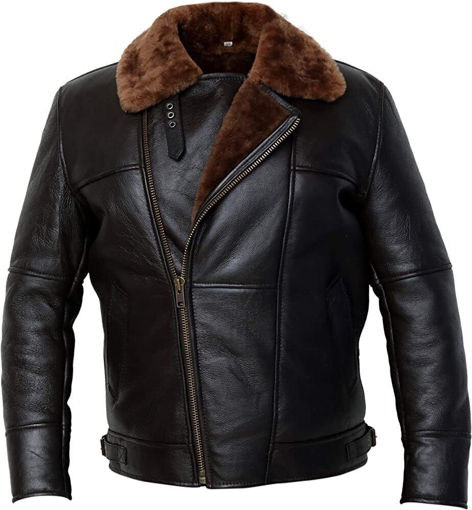 FJM0024 Men’s Brown B3 Leather Real Shearling Fur Bomber Jacket Pilot Aviator RAF Biker Army Style Coat