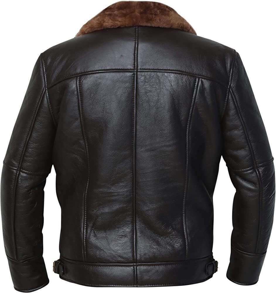 FJM0024 Men’s Brown B3 Leather Real Shearling Fur Bomber Jacket Pilot Aviator RAF Biker Army Style Coat
