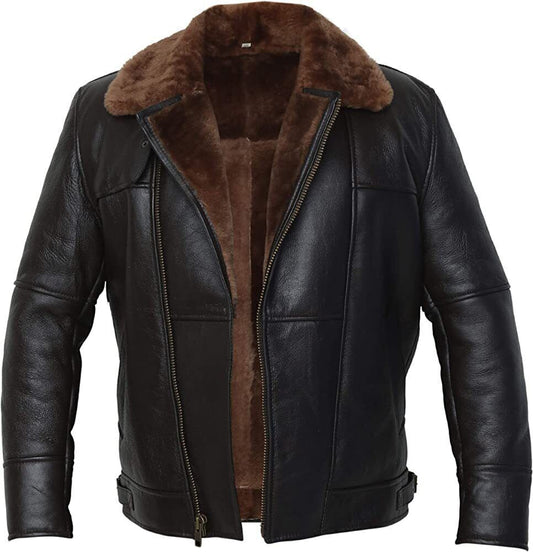 FJM0024 Men’s Brown B3 Leather Real Shearling Fur Bomber Jacket Pilot Aviator RAF Biker Army Style Coat