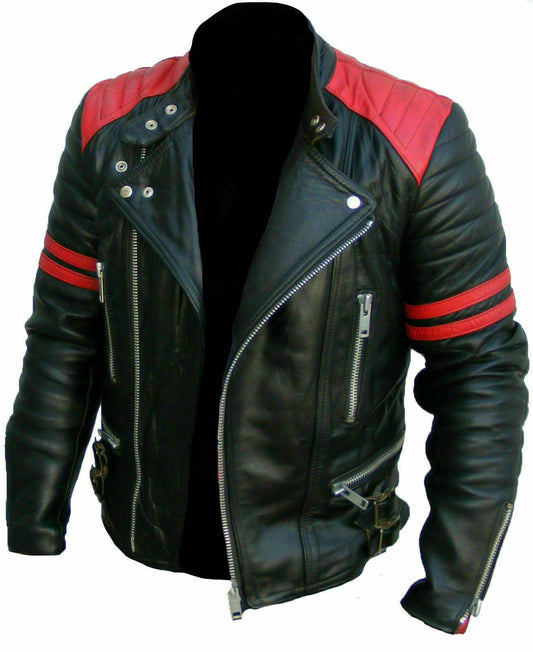 LJM0039 Men’s Classic Red & Black Brando Biker Real Leather Jacket – Slim Fit Genuine Leather Coat