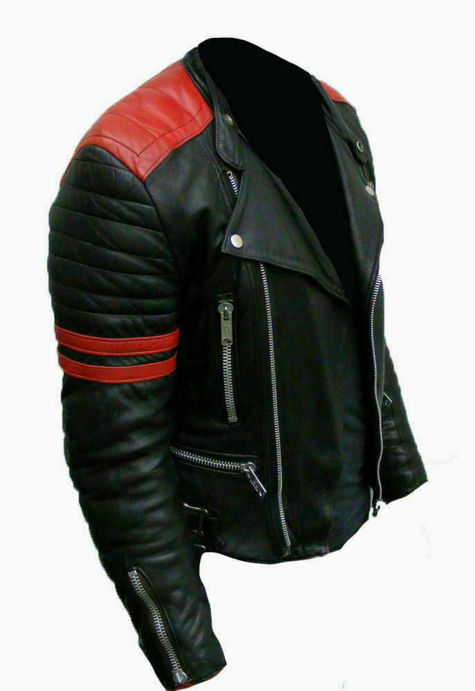 LJM0039 Men’s Classic Red & Black Brando Biker Real Leather Jacket – Slim Fit Genuine Leather Coat