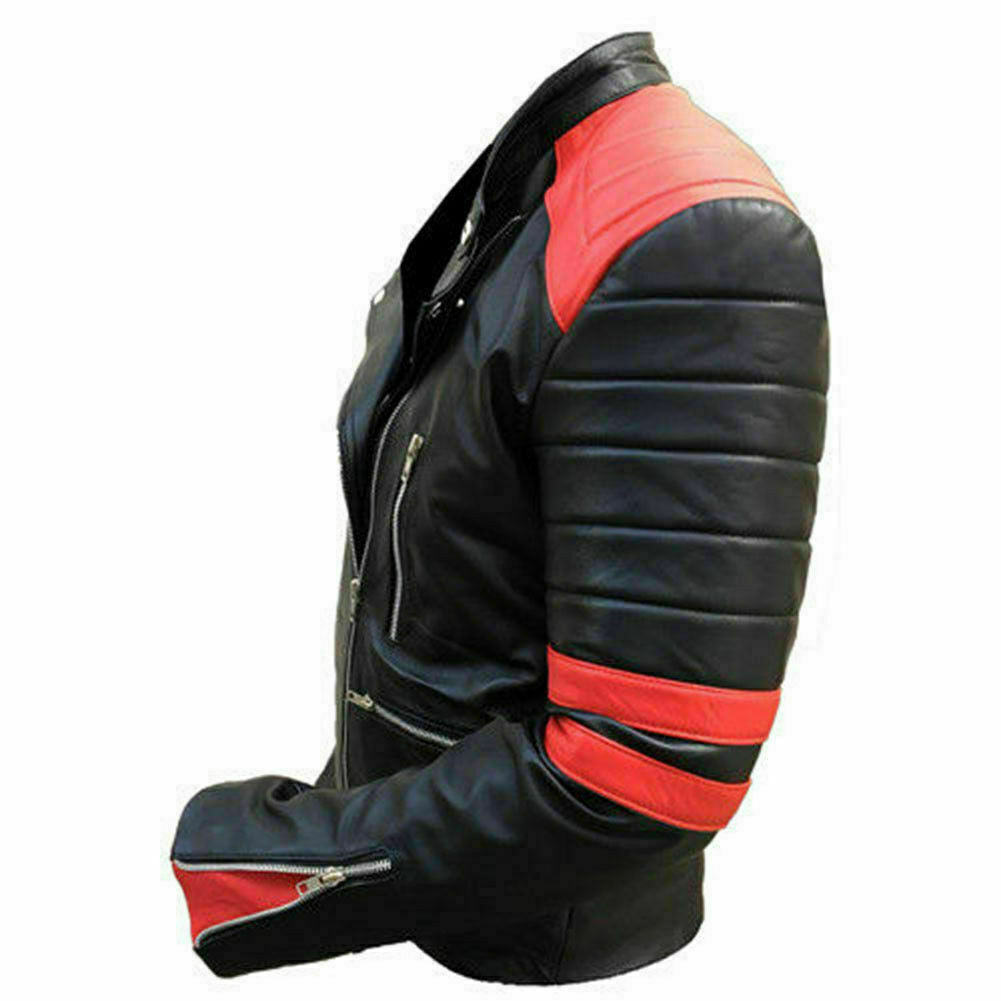 LJM0039 Men’s Classic Red & Black Brando Biker Real Leather Jacket – Slim Fit Genuine Leather Coat