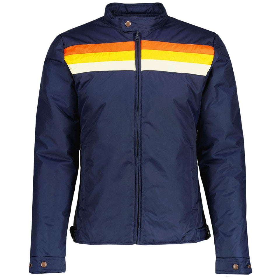 DJM0008 Men’s Retro Racer Jacket – Navy Blazer with Mustard & Red Stripes | Classic Vintage Streetwear Coat