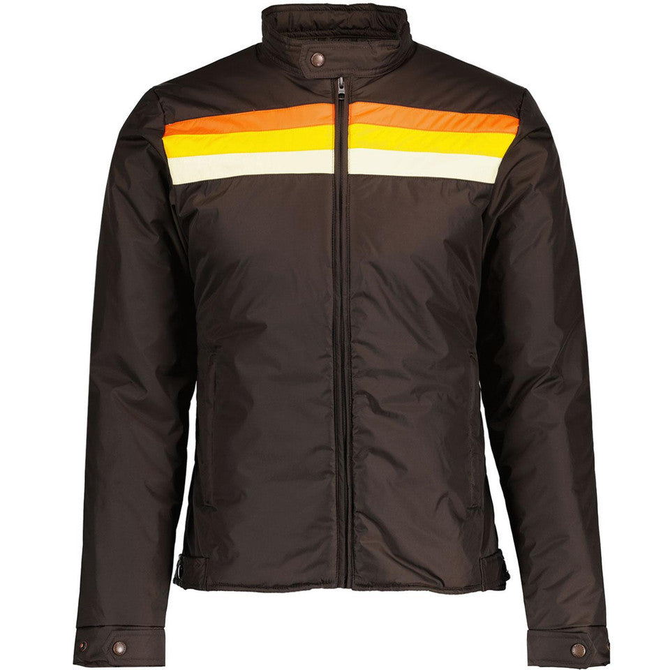 DJM0009 Men’s Retro Racer Jacket – Chocolate Brown with Mustard & Ecru Stripes | Vintage Slim-Fit Style Coat