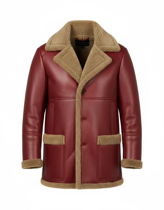 FJM0022 Men's Bold Scarlet Real Shearling-Trimmed Aviator Jacket – Premium Red Leather And Brown Fur Winter Bomber