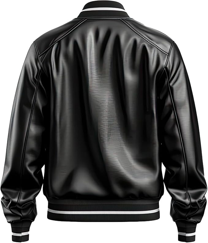 LJM0049 Men’s Black Premium Leather Varsity Jacket – Sleek Zip-Up, Rib-Knit Trim & Modern Baseball Collar