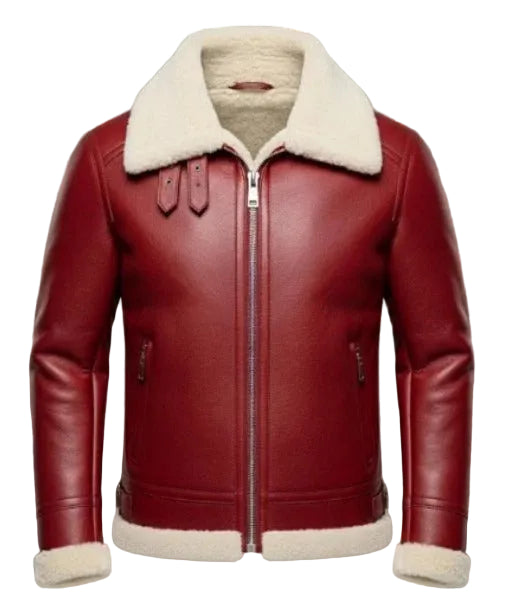 FJM0020 Men's Santa Red Real Shearling Fur Leather Jacket – Festive & Warm Winter Coat