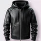 LJM0052 Men’s Black Leather Hooded Zip-Up Jacket – Premium Textured Finish, Warm Lining, Streetwear Style Hoodie Jacket