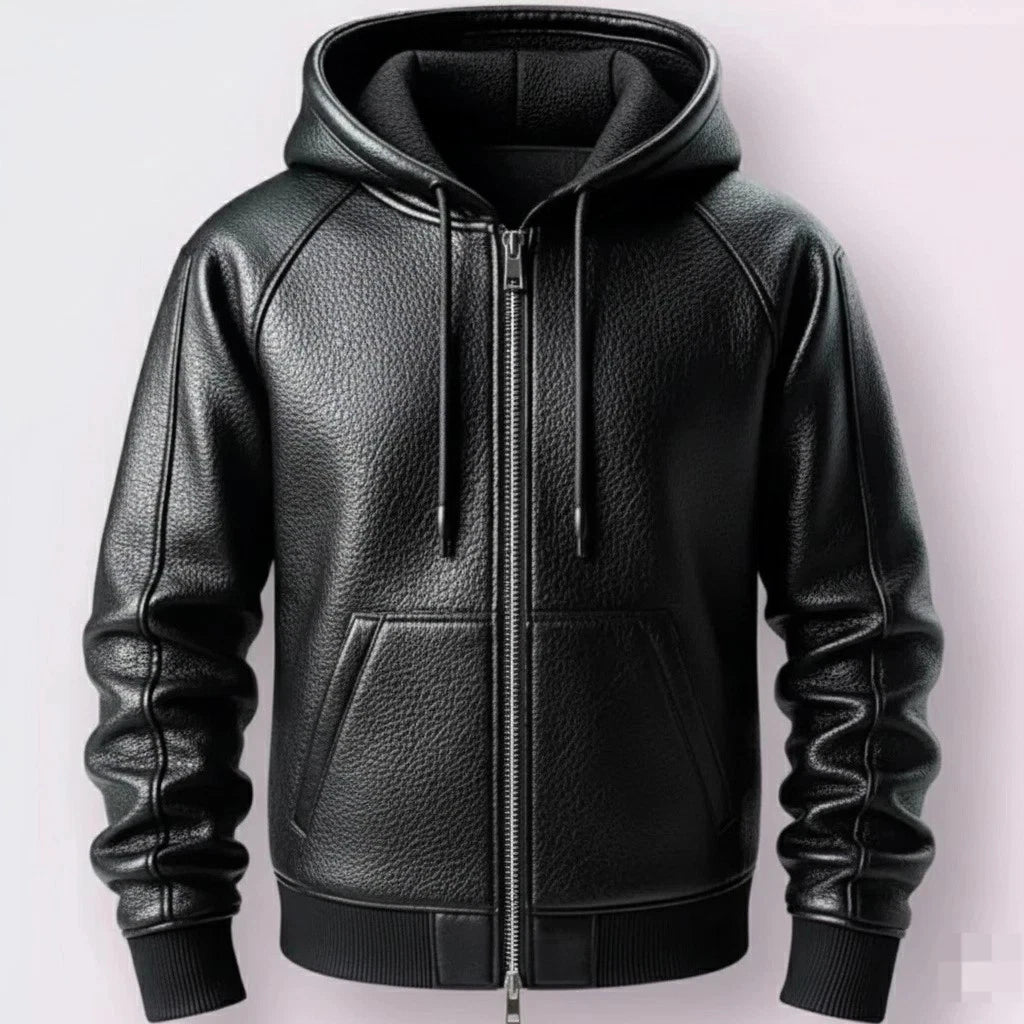 LJM0052 Men’s Black Leather Hooded Zip-Up Jacket – Premium Textured Finish, Warm Lining, Streetwear Style Hoodie Jacket