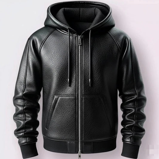 LJM0052 Men’s Black Leather Hooded Zip-Up Jacket – Premium Textured Finish, Warm Lining, Streetwear Style Hoodie Jacket