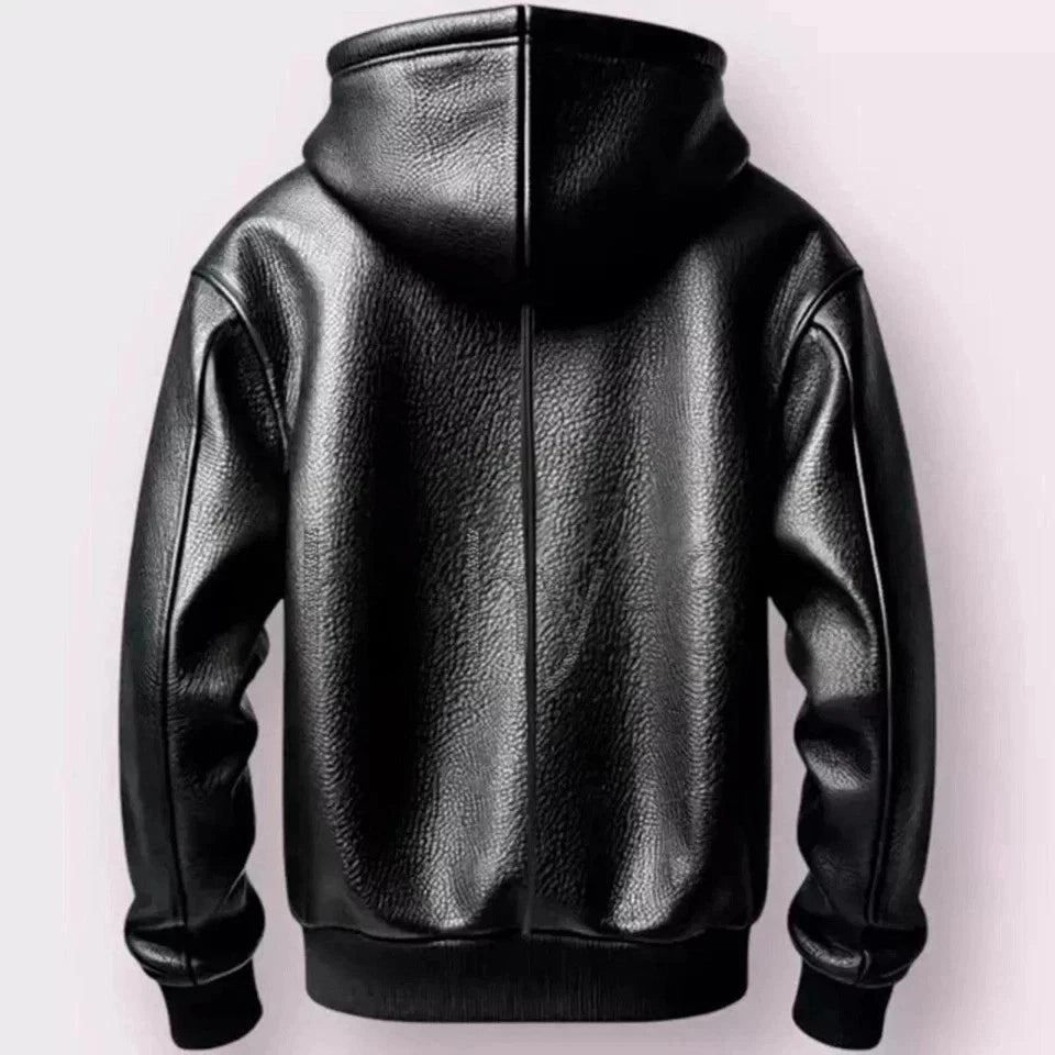 LJM0052 Men’s Black Leather Hooded Zip-Up Jacket – Premium Textured Finish, Warm Lining, Streetwear Style Hoodie Jacket