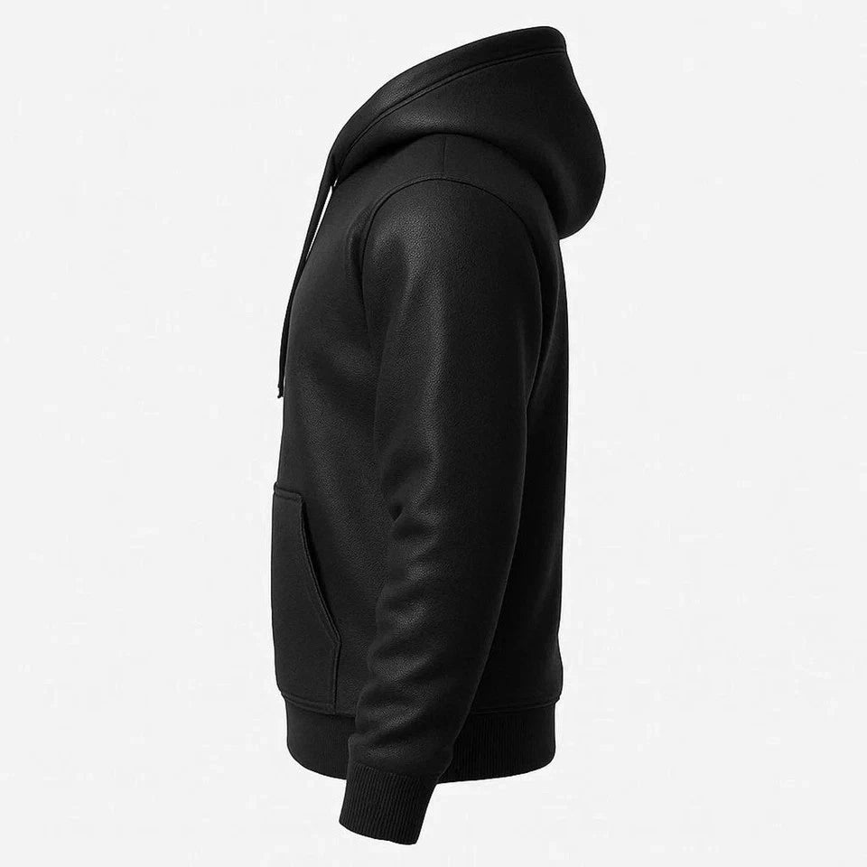 LJM0052 Men’s Black Leather Hooded Zip-Up Jacket – Premium Textured Finish, Warm Lining, Streetwear Style Hoodie Jacket