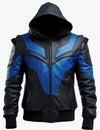LJM0054 Men's Nightwing Elite Cosplay Performance Leather Jacket – Black & Blue Tactical Hero Edition for Comic Con & Collectors