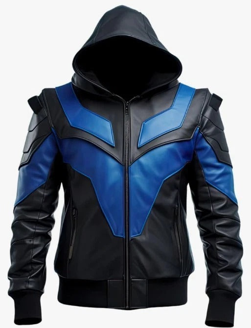 LJM0054 Men's Nightwing Elite Cosplay Performance Leather Jacket – Black & Blue Tactical Hero Edition for Comic Con & Collectors