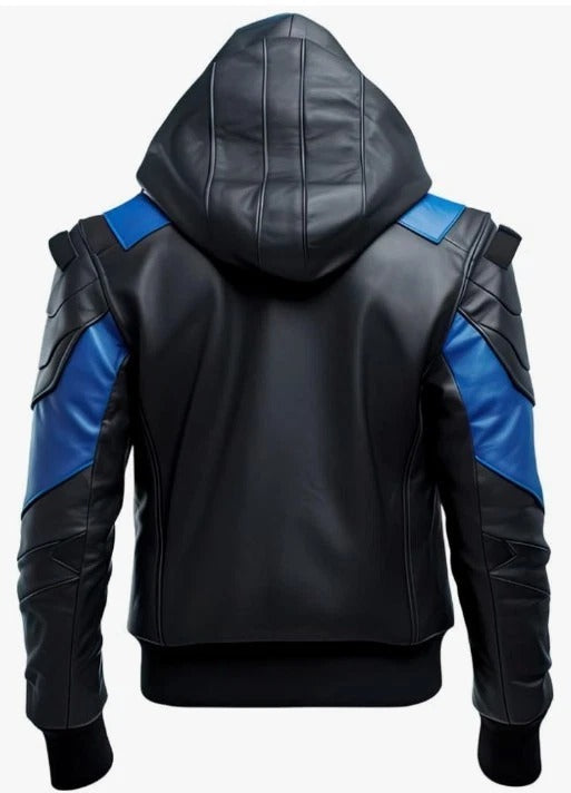 LJM0054 Men's Nightwing Elite Cosplay Performance Leather Jacket – Black & Blue Tactical Hero Edition for Comic Con & Collectors