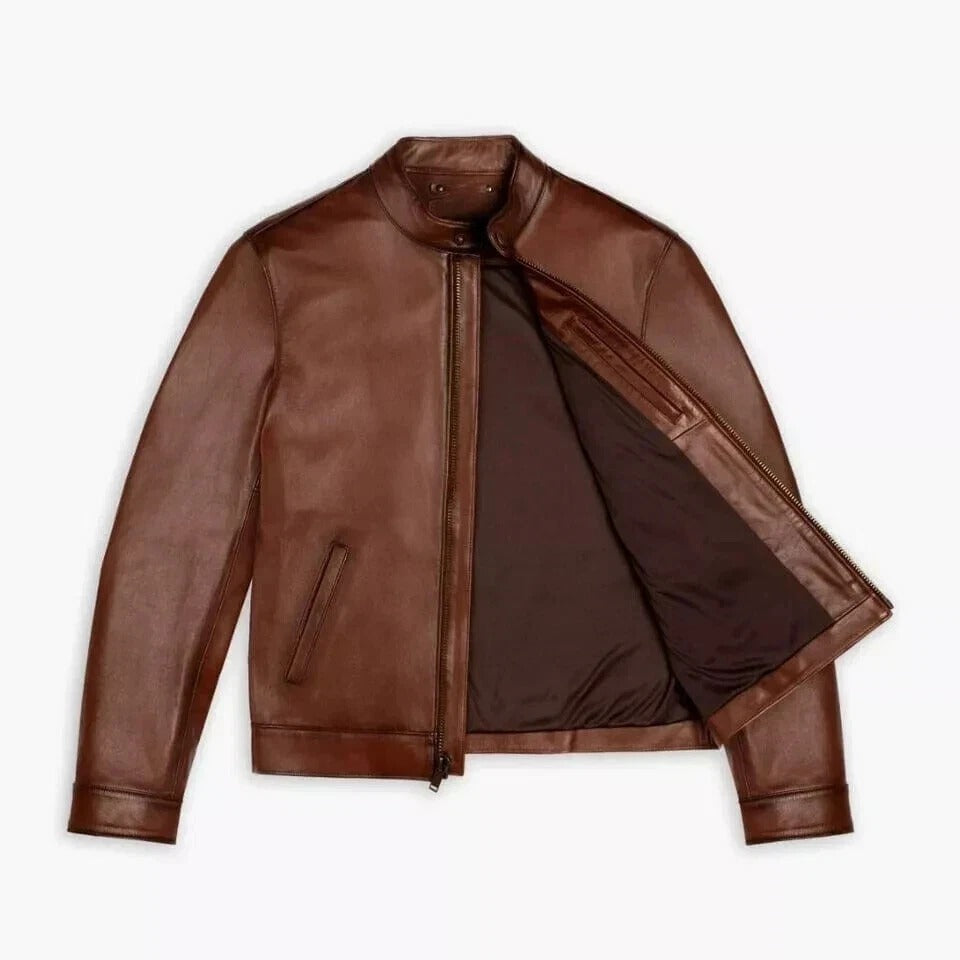 LJM0056 Men’s Brandy Café Racer Real Leather Jacket – Classic Moto Silhouette & Premium Finish Coat